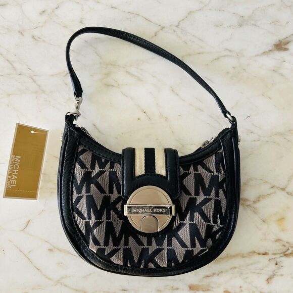 MICHAEL KORS Westbury Beige Black Classic Jacquard Small Demi Hobo Bag